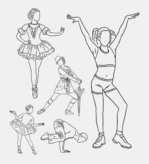 Male and female dancers. Training sport and dancing art line hand drawing. Good use for symbol, logo, web icon, mascot, sticker, sign, or any design you want.