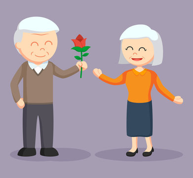 old man giving rose flower to old woman