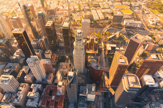 Aerial view of a Downtown LA at sunset