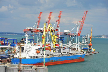 Fototapeta premium Bulk cargo ship under port crane