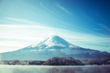 Mt Fuji in the early morning with reflection on the lake kawaguc