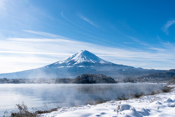 Mt Fuji in the early morning with reflection on the lake kawaguc