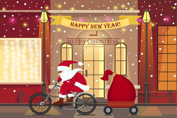 Santa Claus on bike. Christmas card with a picture of the festive streets. Happy New year colourful cartoon poster. Vector illustration.