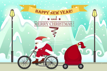 Santa Claus on bike. Christmas and Happy New year colourful cartoon poster. Vector illustration. Santa Claus rides on the road on a background of mountains and snow.