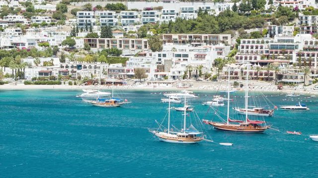 Vacation Resort Town of Bodrum Turkey with Beachfront Hotels and Holiday Rental Buildings against the Blue Mediterranean Sea Water
