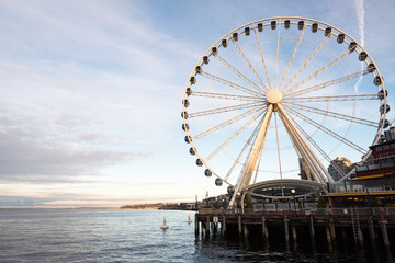 Sunset view of Ferris wheel in Seattle