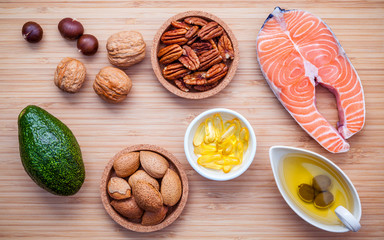 Selection food sources of omega 3 and unsaturated fats. Super fo