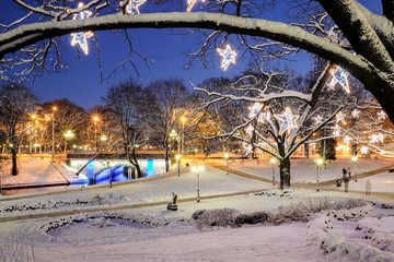 Central park in Riga decorated for Christmas and New Year celebration