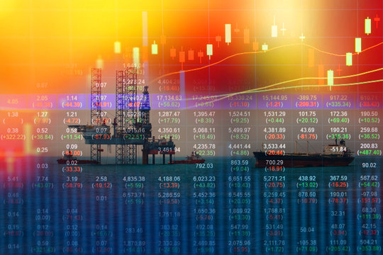 Stock market concept with oil rig in the gulf background,Double exposure