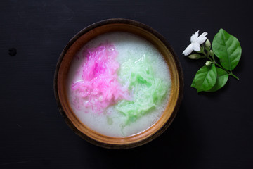 Salim, colorful bean noodle in sweet syrup and coconut milk. Tha