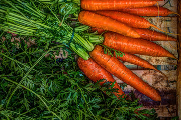 Fresh carrots bunch in the wooden box at marketplace