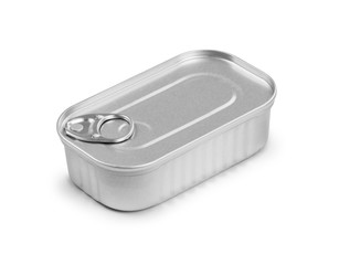 Closed fish or food tin can isolated on white background