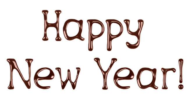 Happy new year written by liquid chocolate on white background