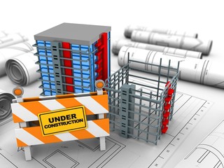 3d illustration of building over drawings background with under construction stand