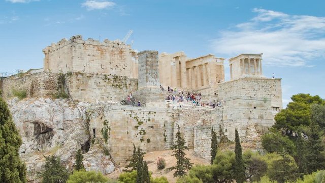 Acropolis in Athens Greece Full Shot of Propylaea with Sightseeing Tourists Visiting the Historical Hilltop Monuments