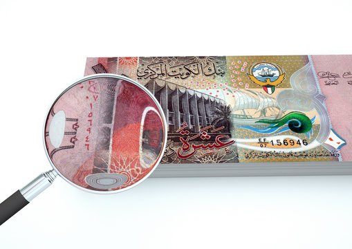 3D Rendered Kuwait money with magnifier investigate currency isolated on white background 