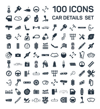 Car details & garage 100 isolated icons set on white background,