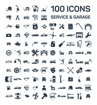 Car service & garage 100 isolated icons set on white background, rep