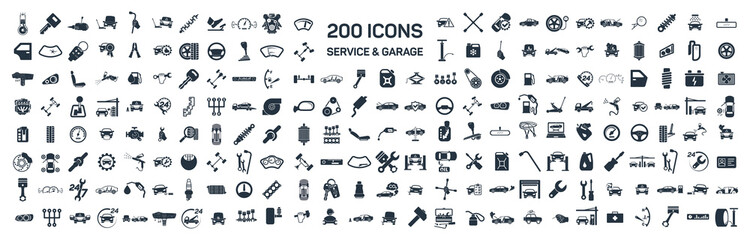 Car service & garage 200 isolated icons set on white background, - obrazy, fototapety, plakaty