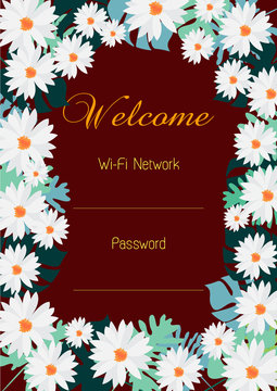 Free WiFi and space for password information  with flowers frame graphic design for internet service on brown background
