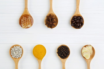 Natural Spa Ingredients. coffee beans, pepper, turmeric, ginger,