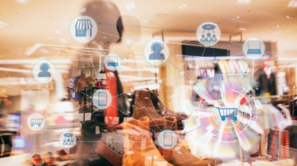 Marketing Data mangement platform and Omnichannel concept image. Omnichannel element icons on abstract Fashion stroe background.
