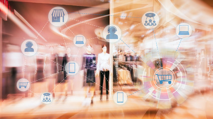 Marketing Data mangement platform and Omnichannel concept image. Omnichannel element icons on abstract Fashion stroe background.