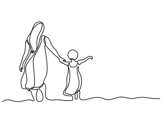 continuous line drawing of mother and child in the sea