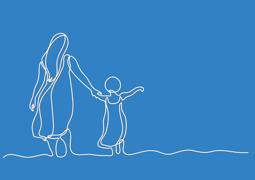 continuous line drawing of mother and child in the sea