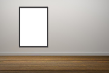 white poster and black frame of picture haning in empty room.space for your text and picture.product display template.Business presentation.white wall and wooden floor.clipping path include.