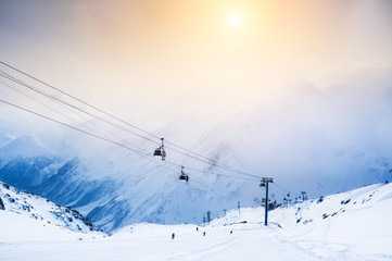 Ski slope and cable car on the ski resort Elbrus