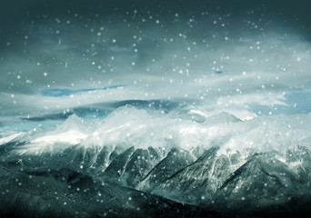 Winter landscape, hight mountains and storm clouds