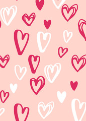 Valentine's Day vector greeting card. Hand written doodle hearts in pink and white colors on red isolated background. Cute pattern label design.