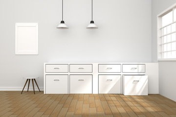 3D rendering : illustration of White interior modern kitchen room design with two vintage lamp hanging. wooden floor.sun light shining from outside of the room.design your home concept.