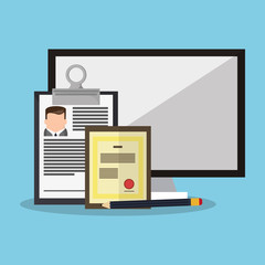 Computer and document icon. Human resources search employee and business theme. Colorful design. Vector illustration