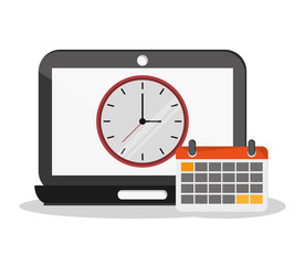 Laptop clock and calendar icon. Worktime office supplies and workforce theme. Colorful design. Vector illustration