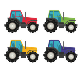 Colorful tractors on white background.
