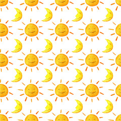 Funny happy smiling suns and moons. Bright beautiful cartoon pattern. Handpainted watercolor illustration. Isolated on white