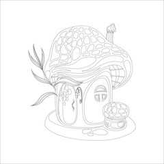 Coloring page with mushroom fairy tale house. Vector illustration