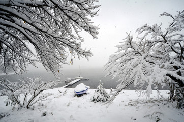 Winter at Kawaguchi-ko, Japan. First snow in 2016.
