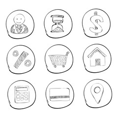 Shop icons set. Hand drawn illustration of 9 shop vector icons for web