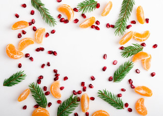 Frame of pomegranate seeds, mandarines and twigs tree with copy