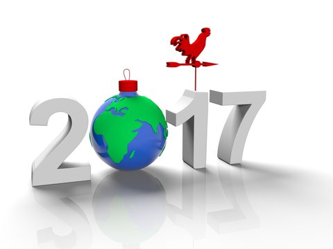The figures in 2017, with the image of the ground like a toy for  Christmas tree, in the form  the planet Earth, on  white background, 3d render