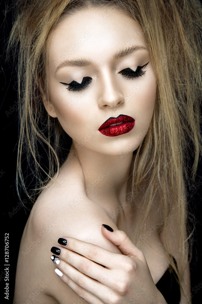 Wall mural beautiful woman portrait with red lips and glamour make up.