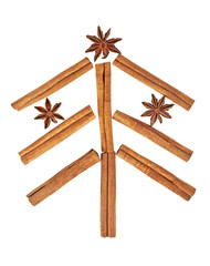 Christmas tree made from anise star seeds and cinnamon sticks on