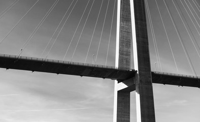 Black and white photo of cable-stayed bridge