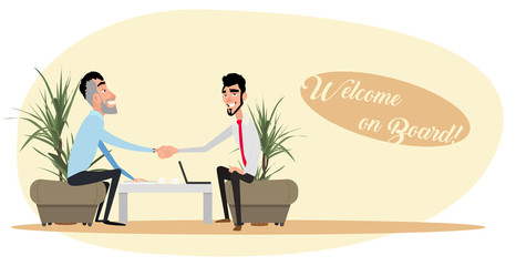 Two men sitting on the couch, have agreed to the transaction.