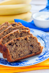 Banana bread and coffee, selective focus