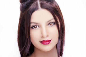 Young  beautiful woman with bright makeup on white background