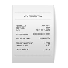 atm transaction printed paper receipt bill vector
